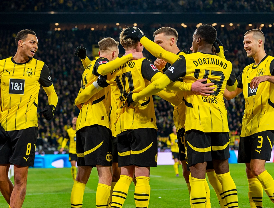 Several BVB players celebrate together