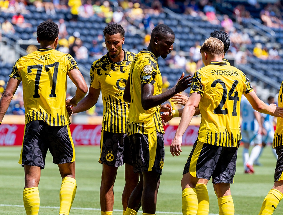 Six Dortmund players standing together, high-fiving (photo)