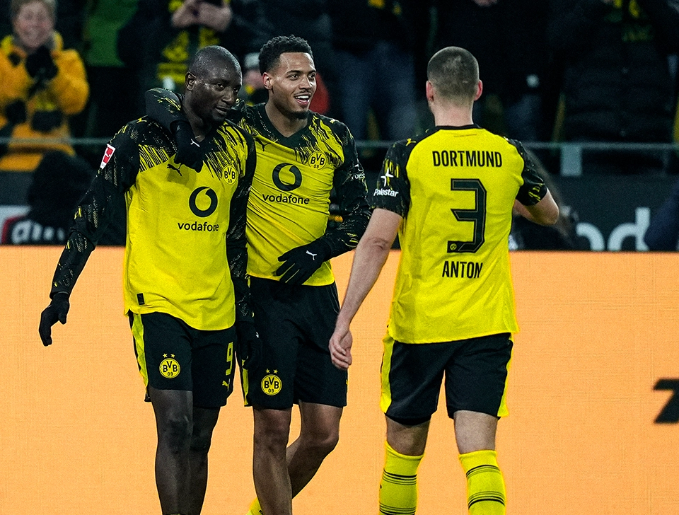 Guirassy and Nmecha celebrating, Anton and Svensson joining them (photo)